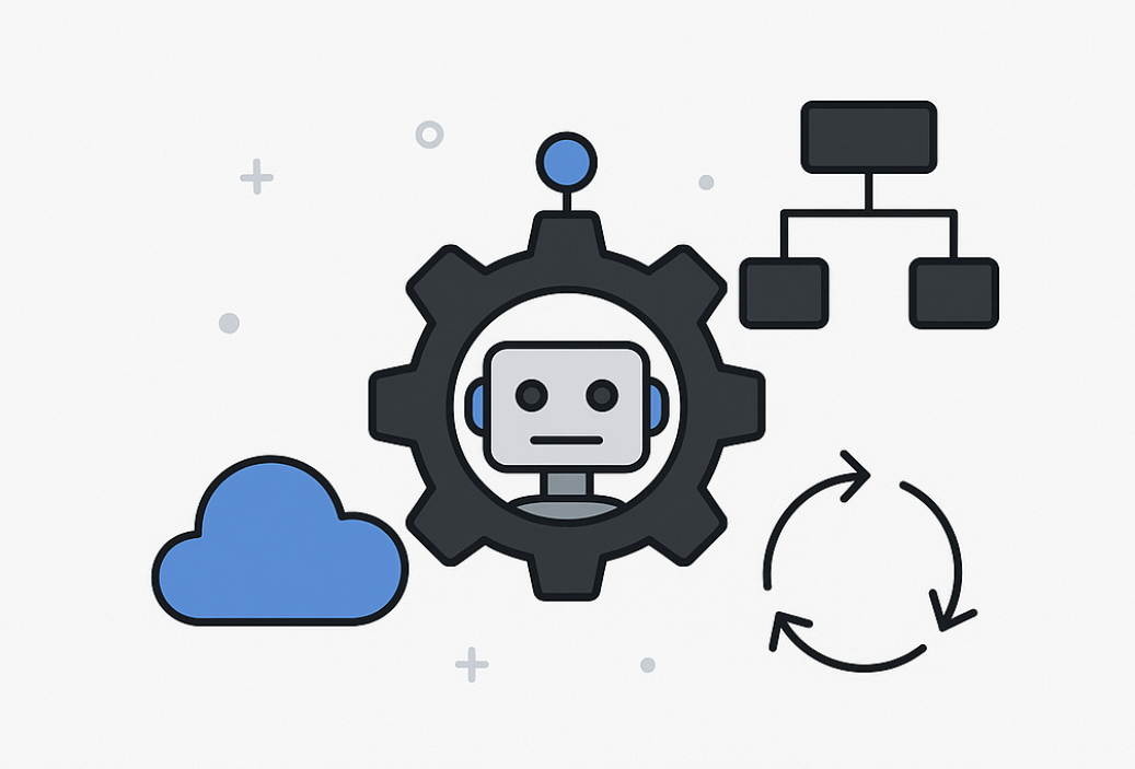 Automation and AI illustration with robot, cloud, and workflow