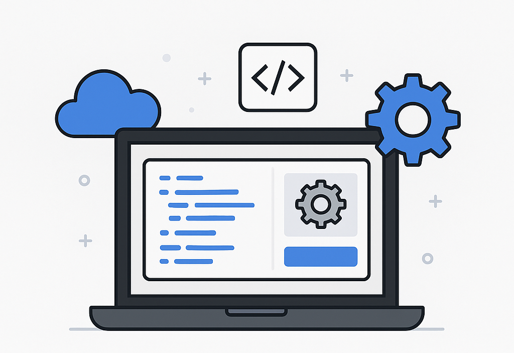 Software development illustration with laptop, code, and cloud